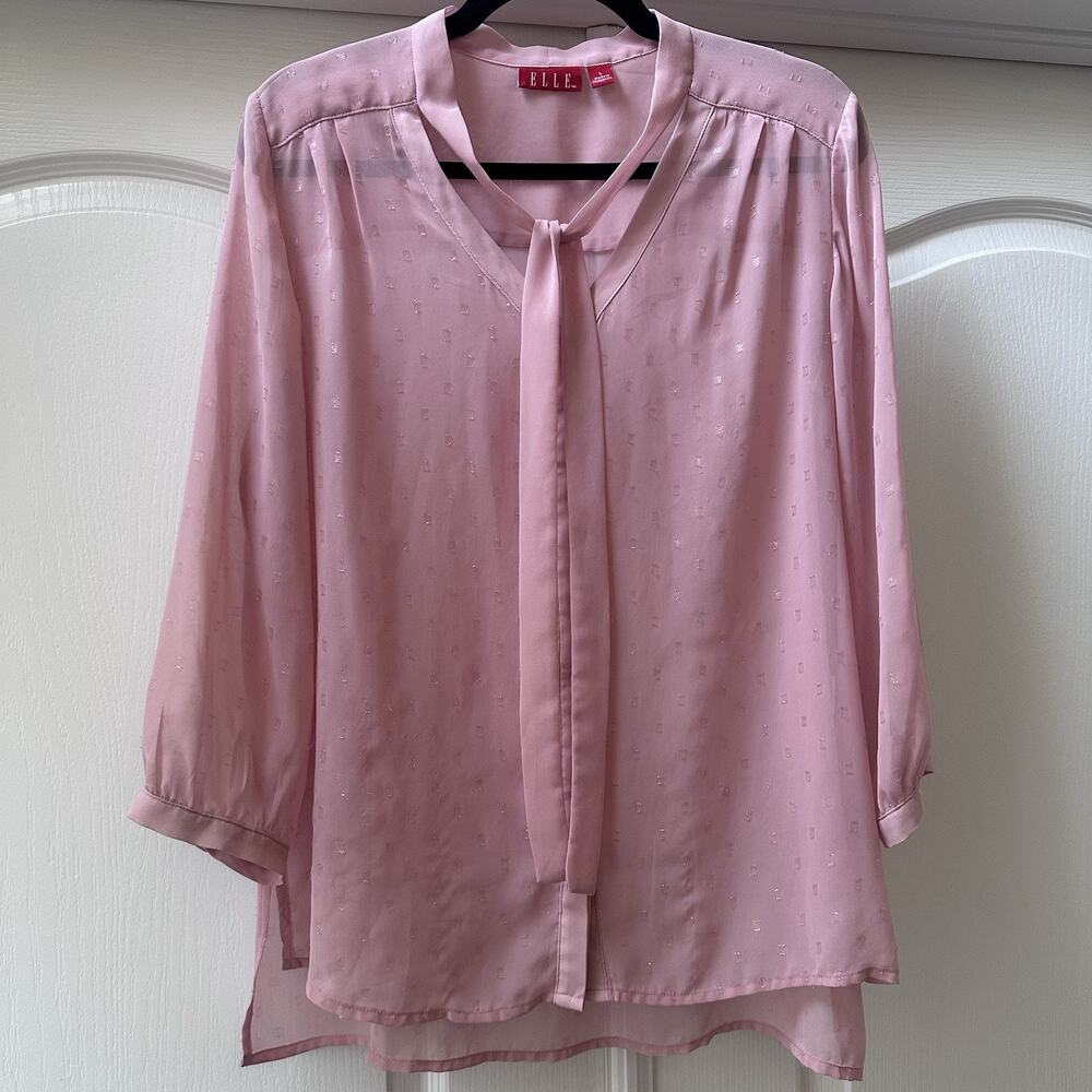 Elle Semi Sheer Button Down Tie Neck Blouse Size Large